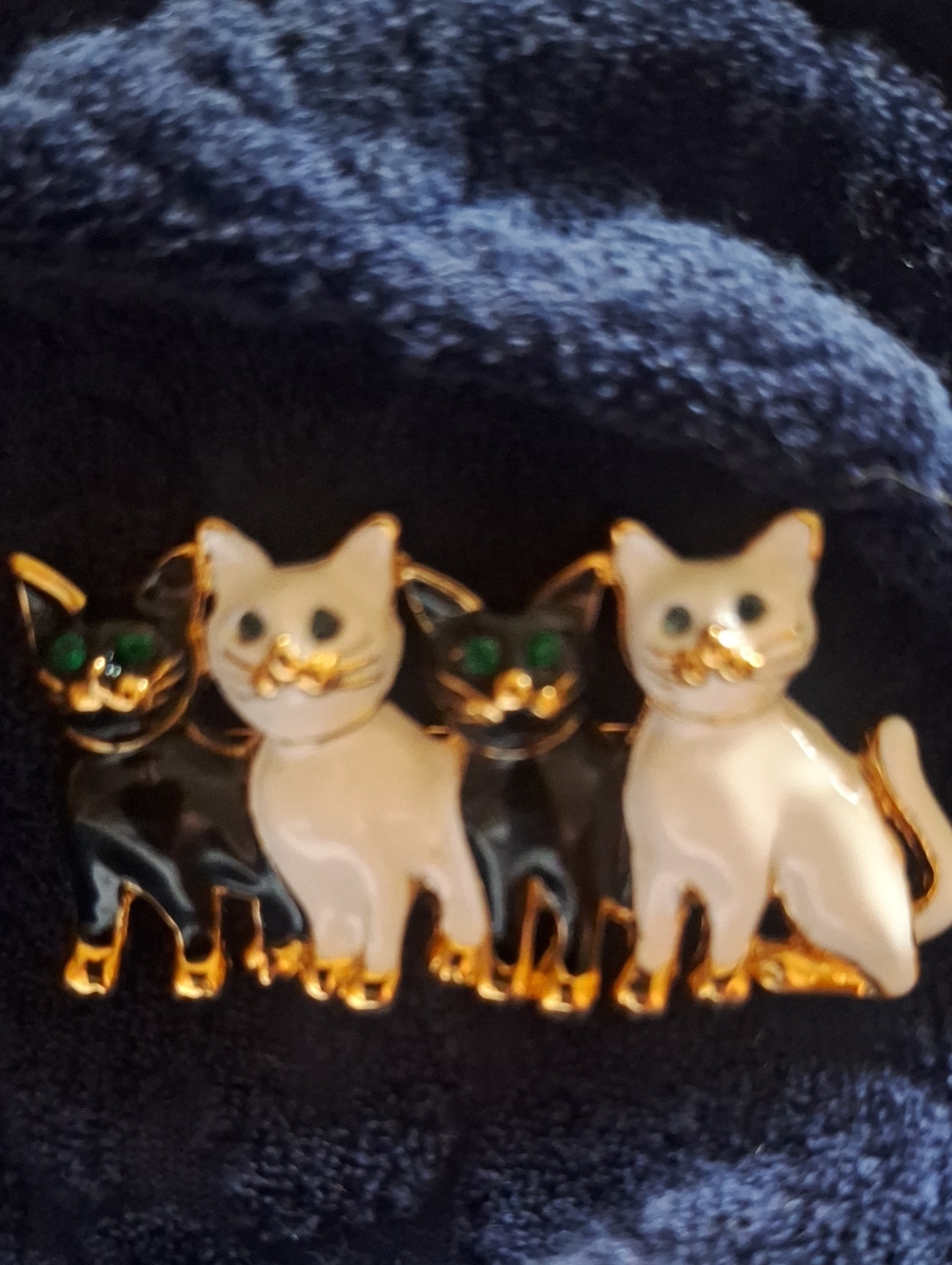 Vintage Gold-Trim Cat Brooch — Black and White Enamel Cats
